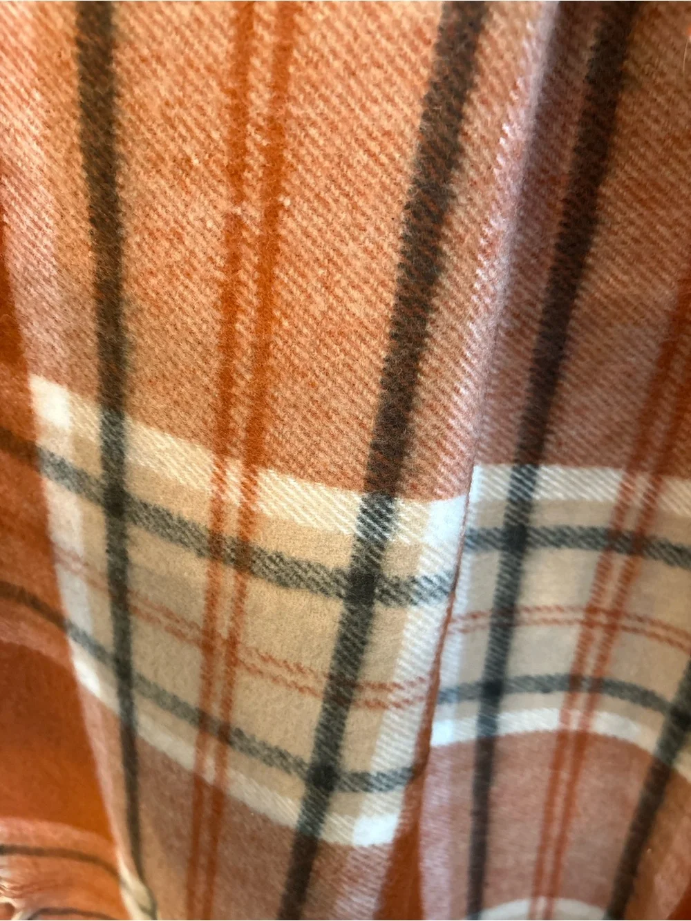 Vintage Rust Black Tan White Plaid Wool Fringe Blanket
